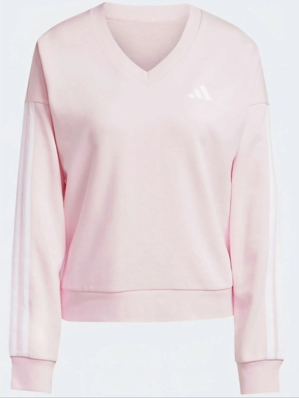 Adidas Women's Pale Pink V-Neck Sweatshirt with Three Stripes - LARGE